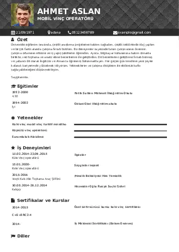 Vinç Operatörü Cv Örnekleri cv indir